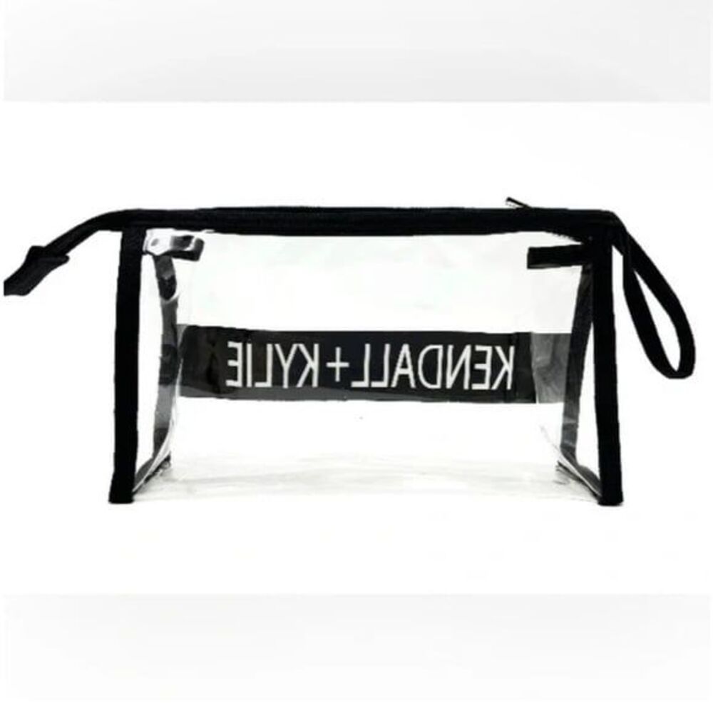 Kendall + Kylie Clear Makeup Beauty Bag with black and whitee logo on front